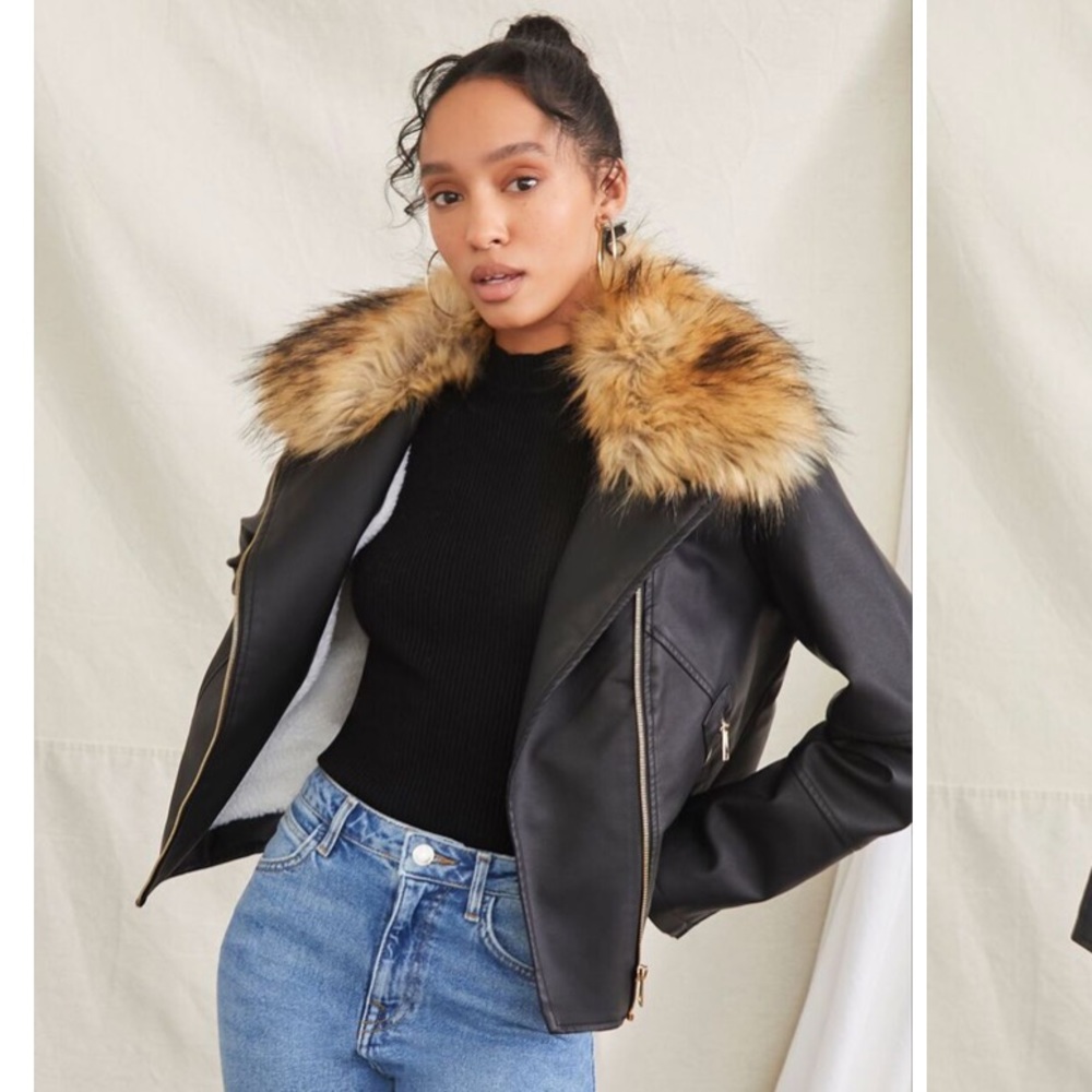 NWT Forever21 Faux Leather Biker jacket Size M Sherpa lined removable fur